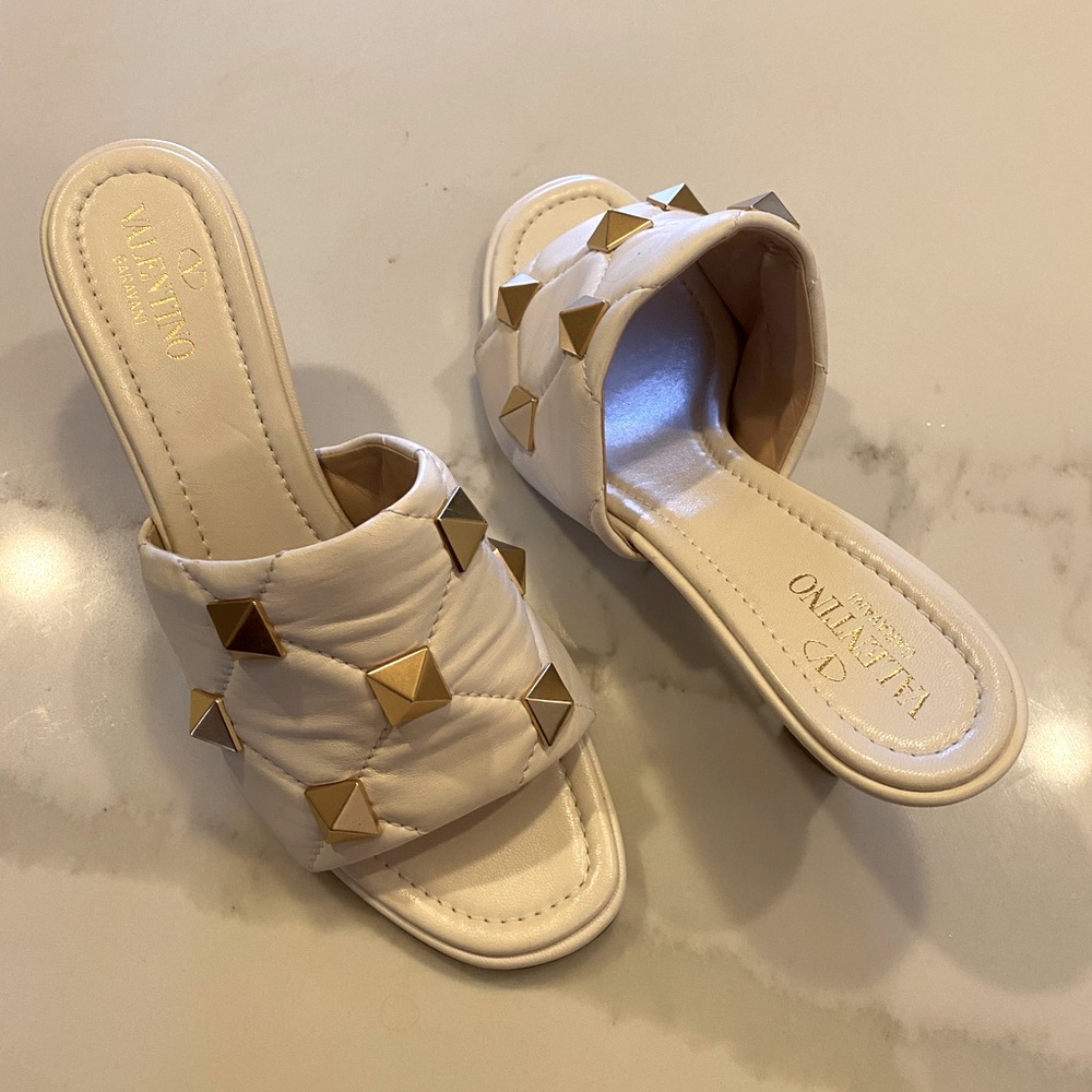 Valentino Garavani White and Gold Studded Sandals
